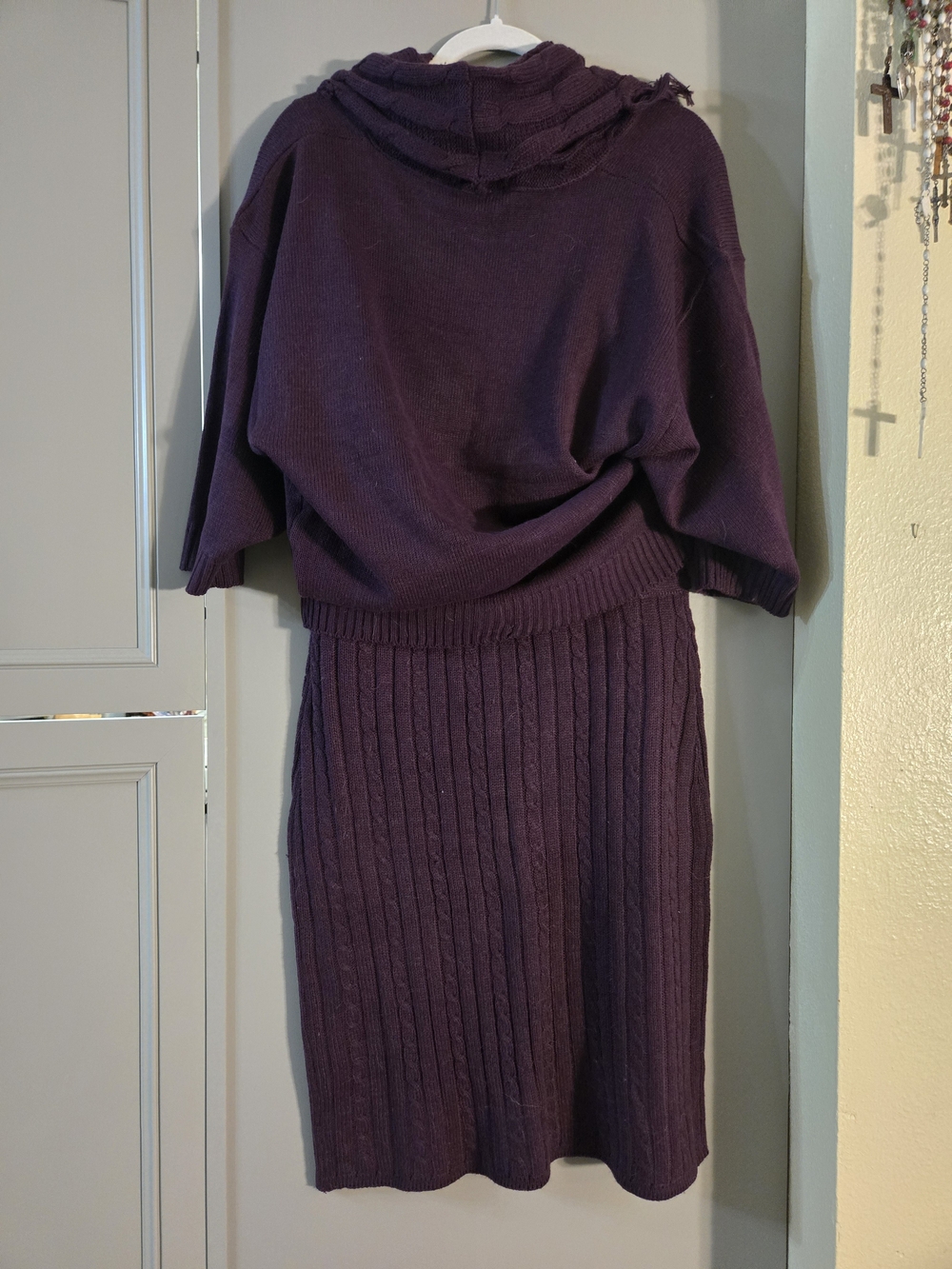 Women's Purple Cowl Neck Knit Dress with Fringe - Picture 6 of 7